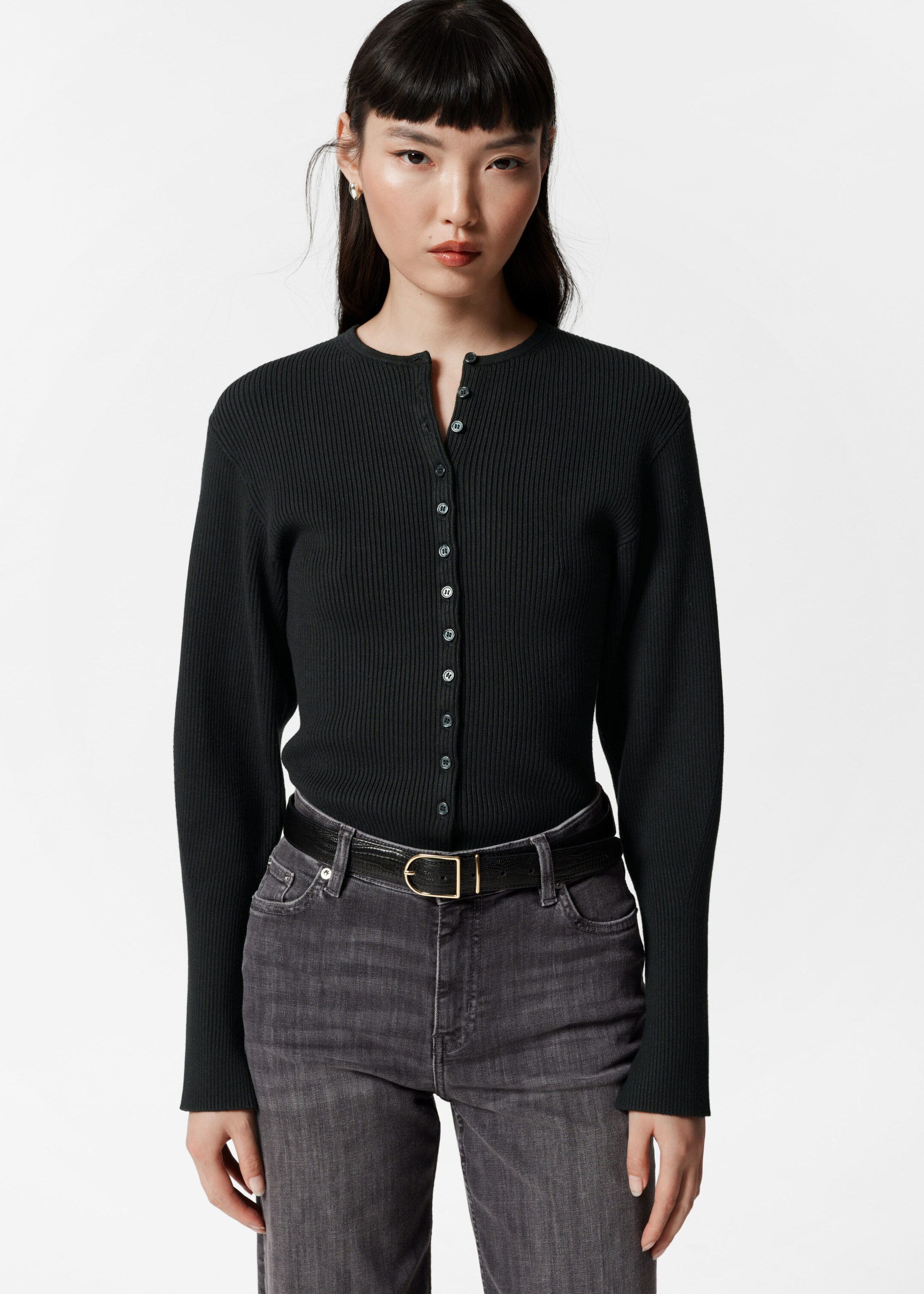 Image of Fitted Rib-Knit Cardigan