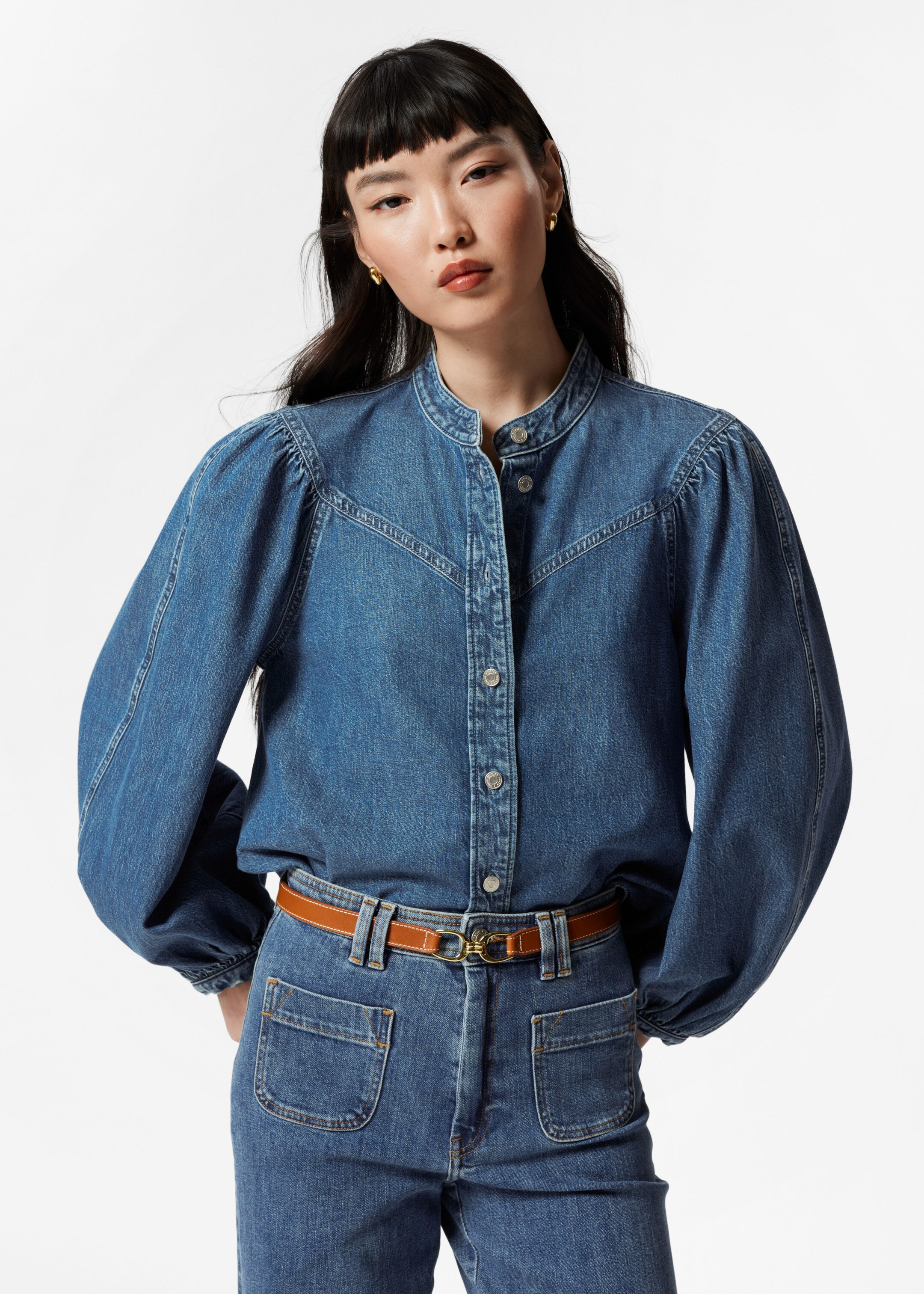 Image of Puff-Sleeve Denim Blouse