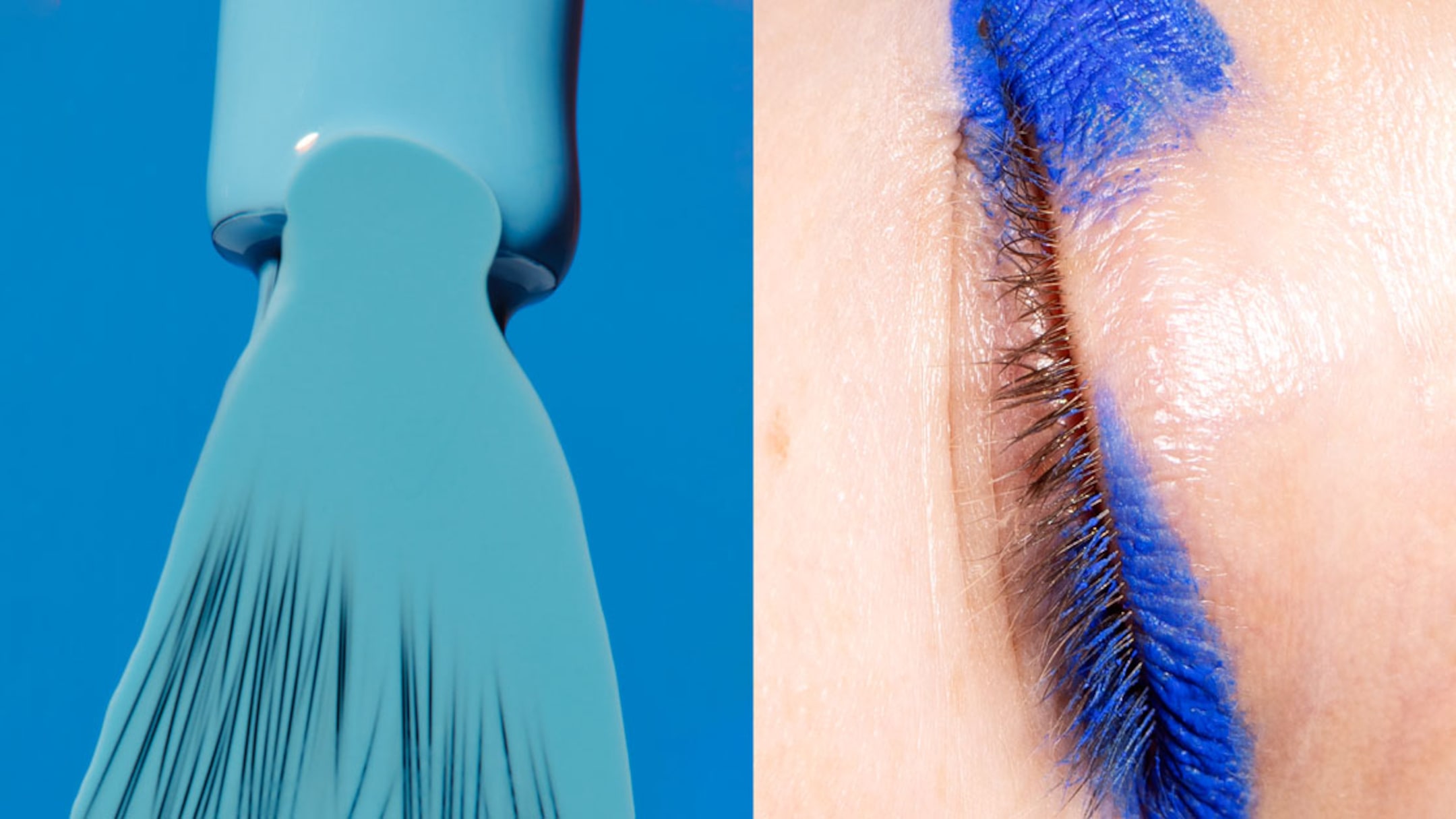 Two images with blue nailpolish and blue eye makeup