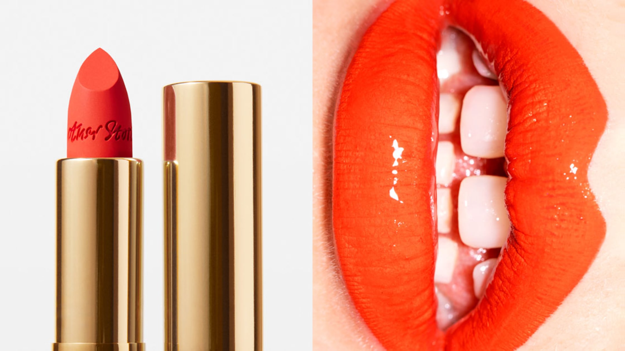 Two images with orange lipstick and mouth with orange lipstick