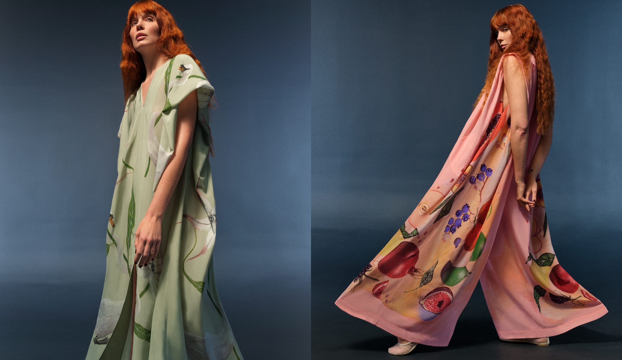 Two images of Brianna Lance in kaftan and jumpsuit