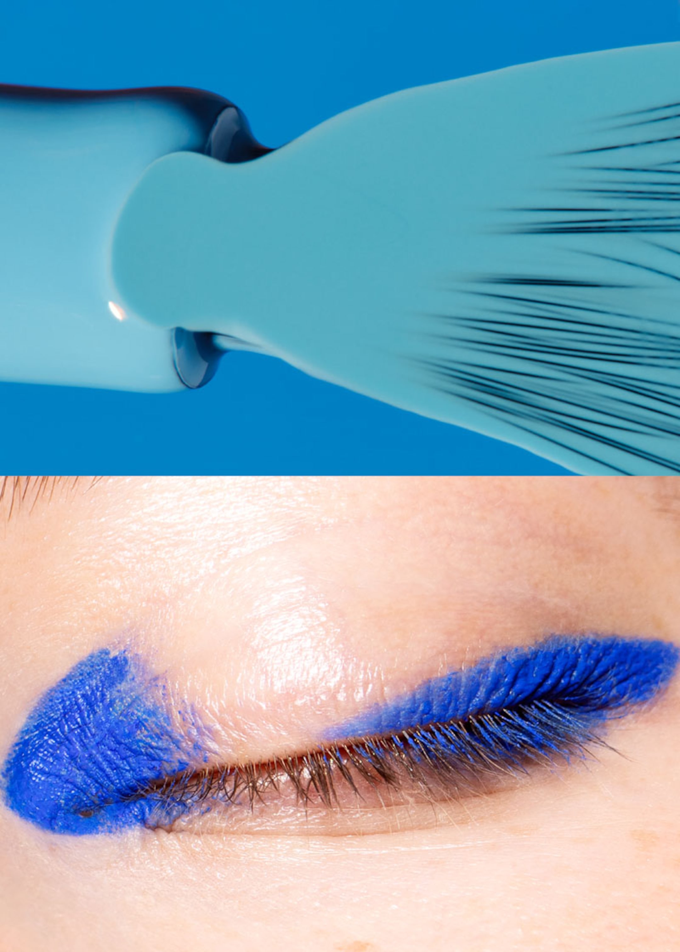 Two images of blue nail polish and blue eye makeup