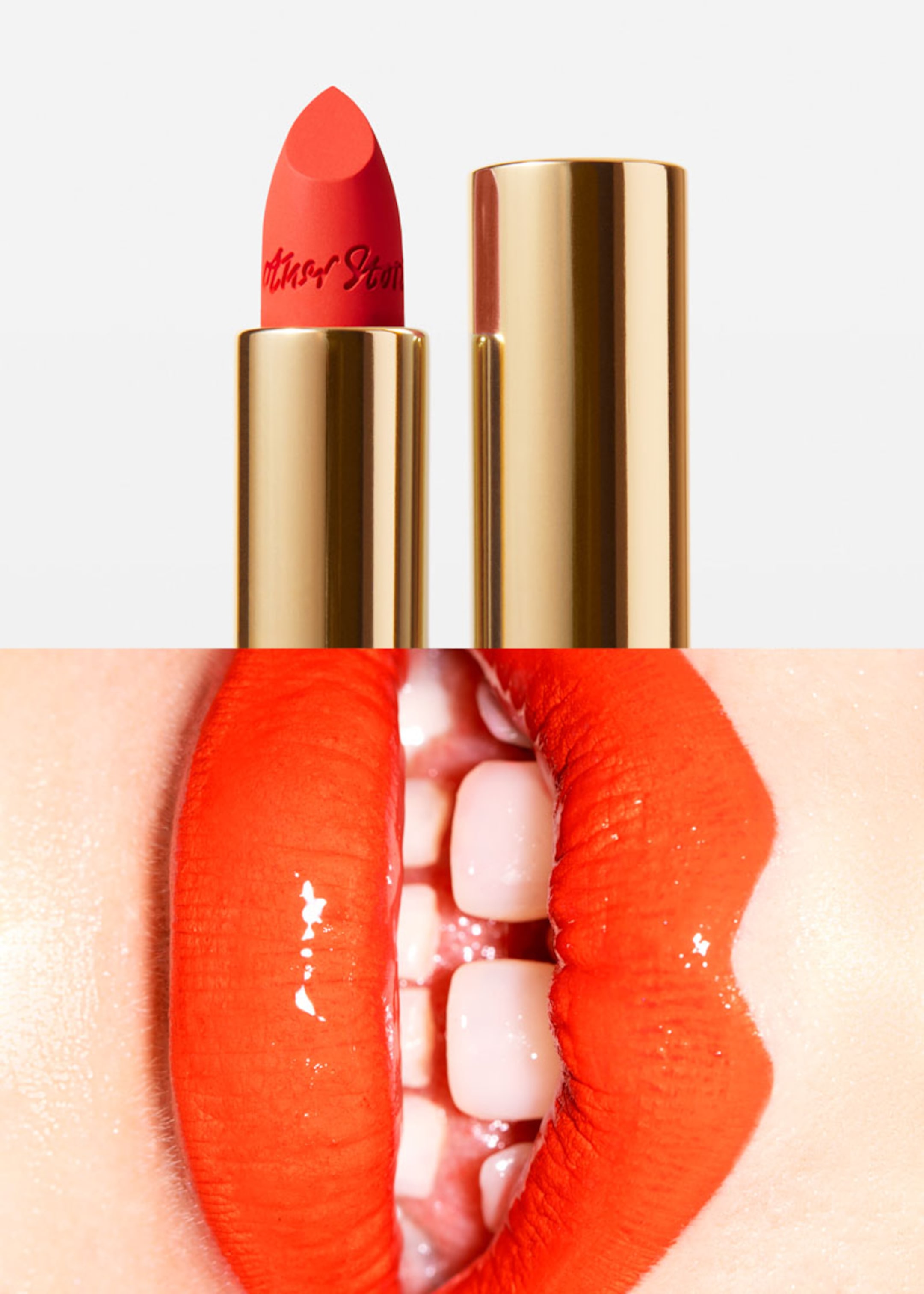 Two images of orange lipstick and orange lips